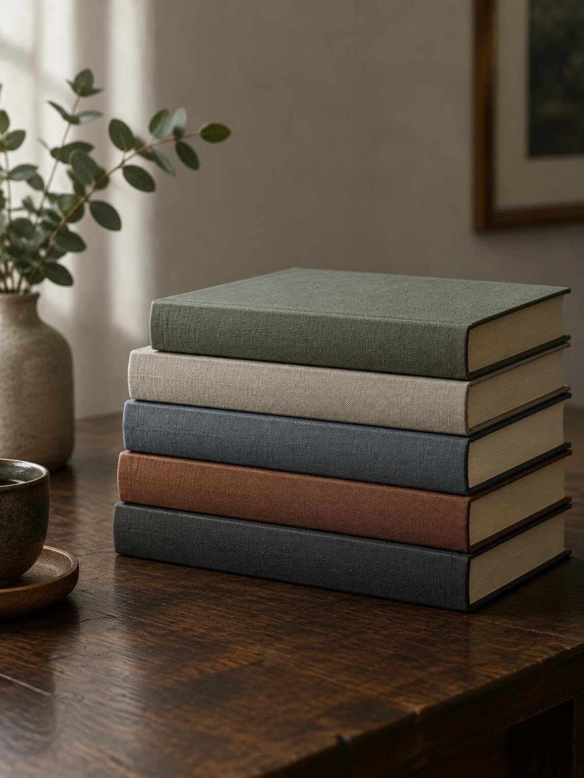 Stack of hardcover books on a table