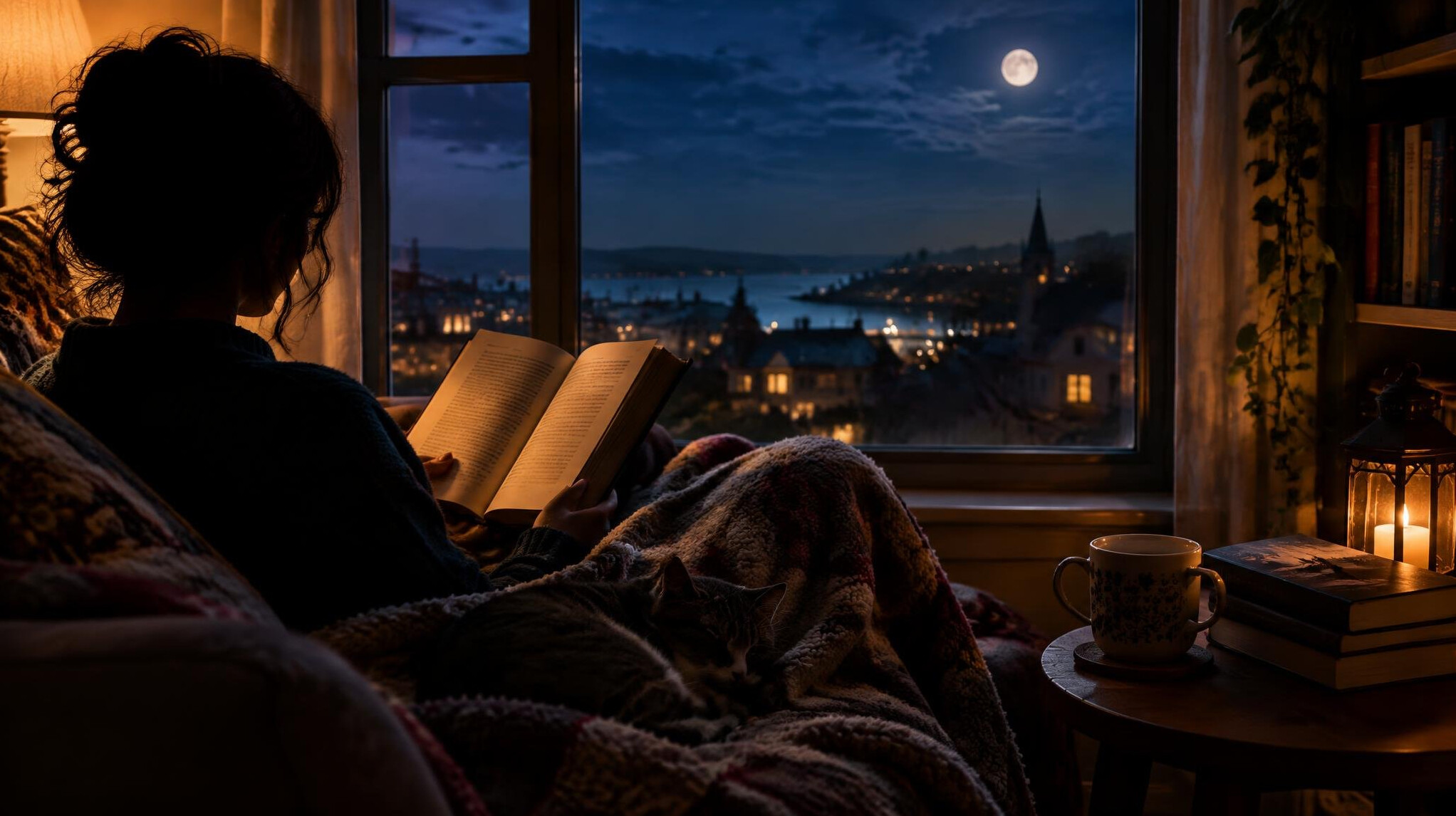 evening window view with book