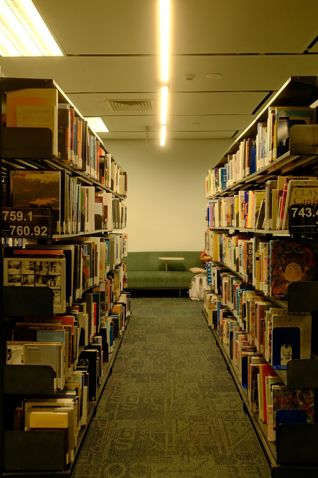 Library aisle with bookshelves and a ladder