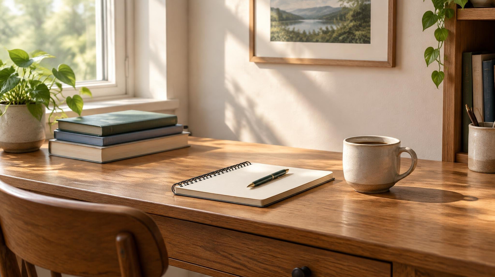 Books and a cup on a wooden desk