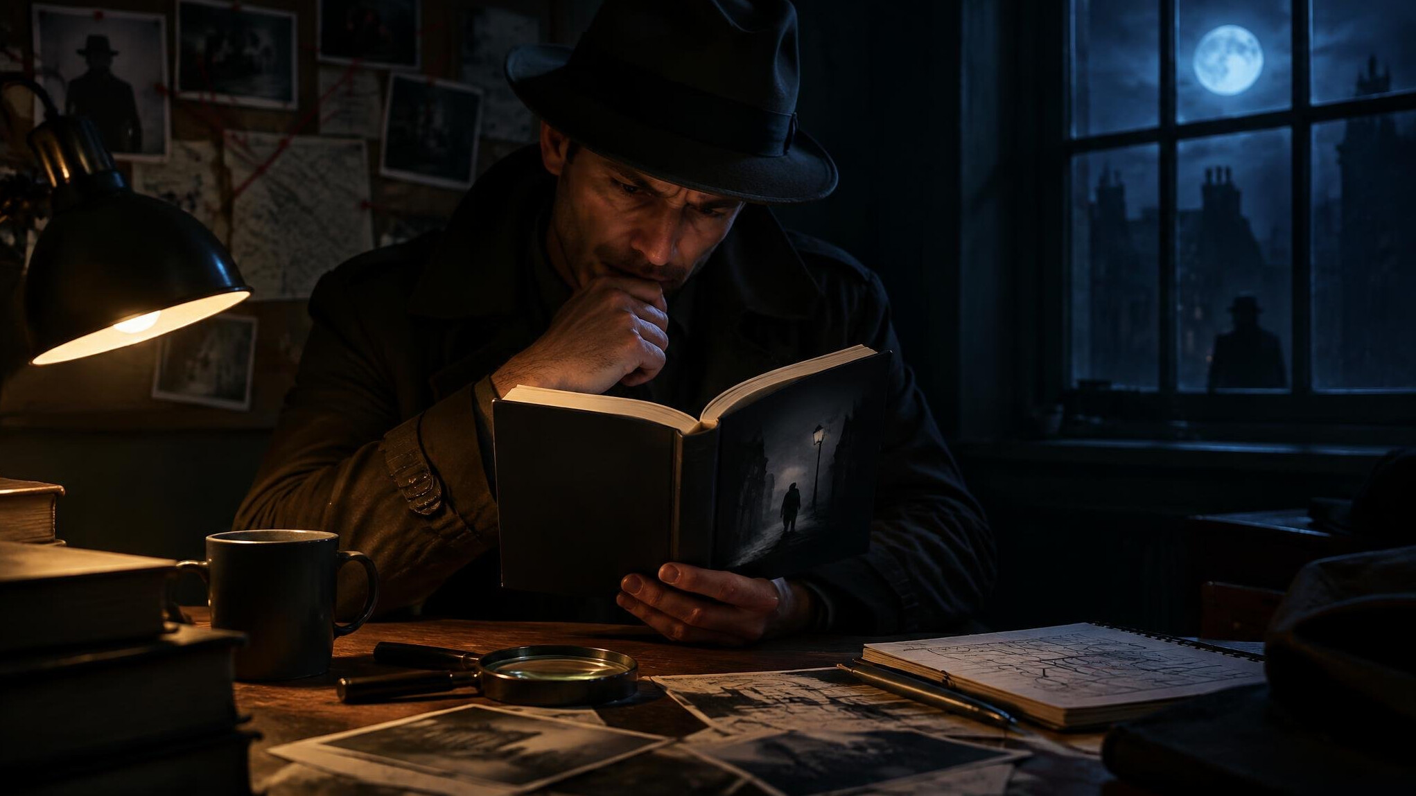detective reading mystery book at night