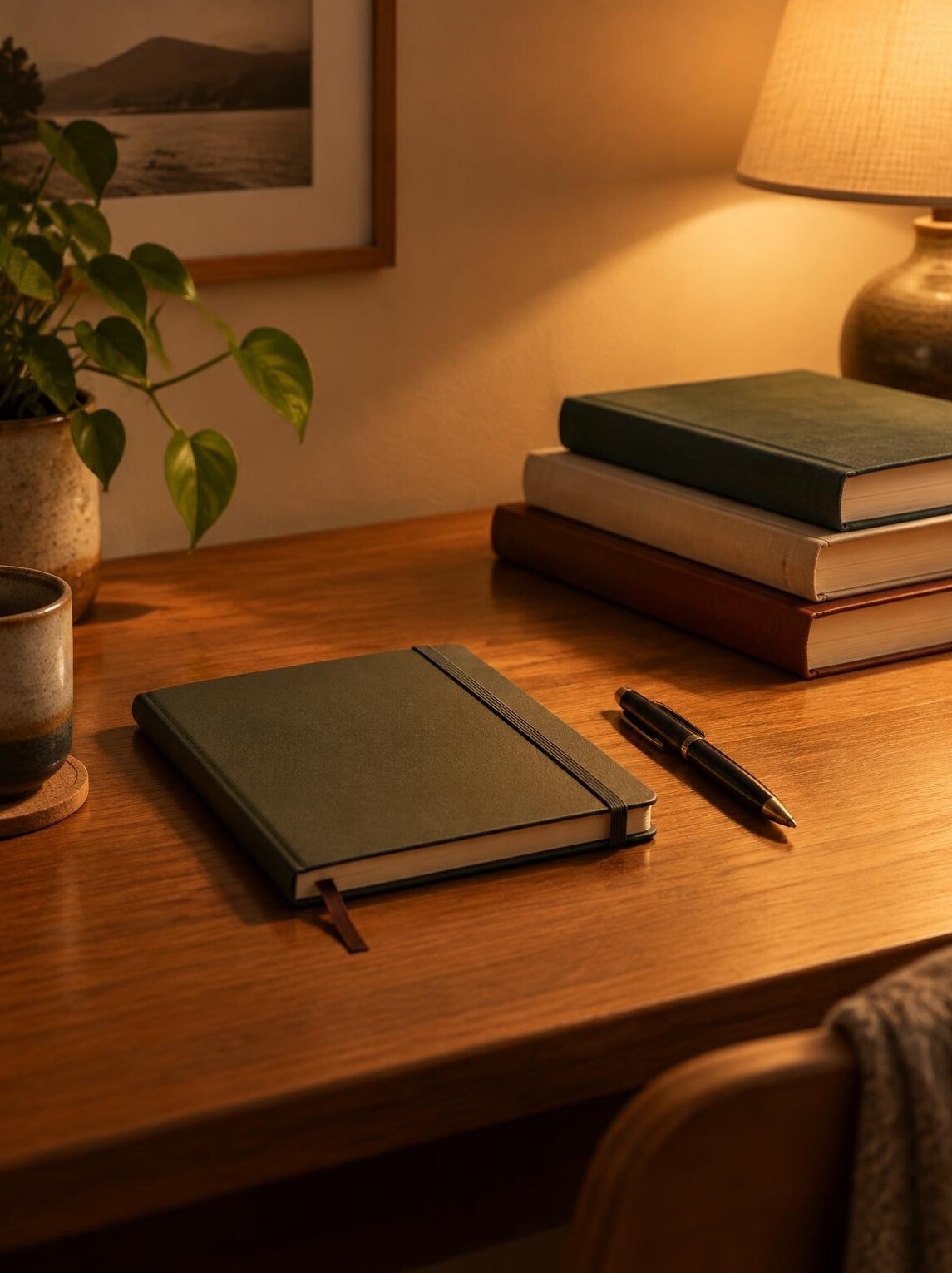 Notebook and books on a desk