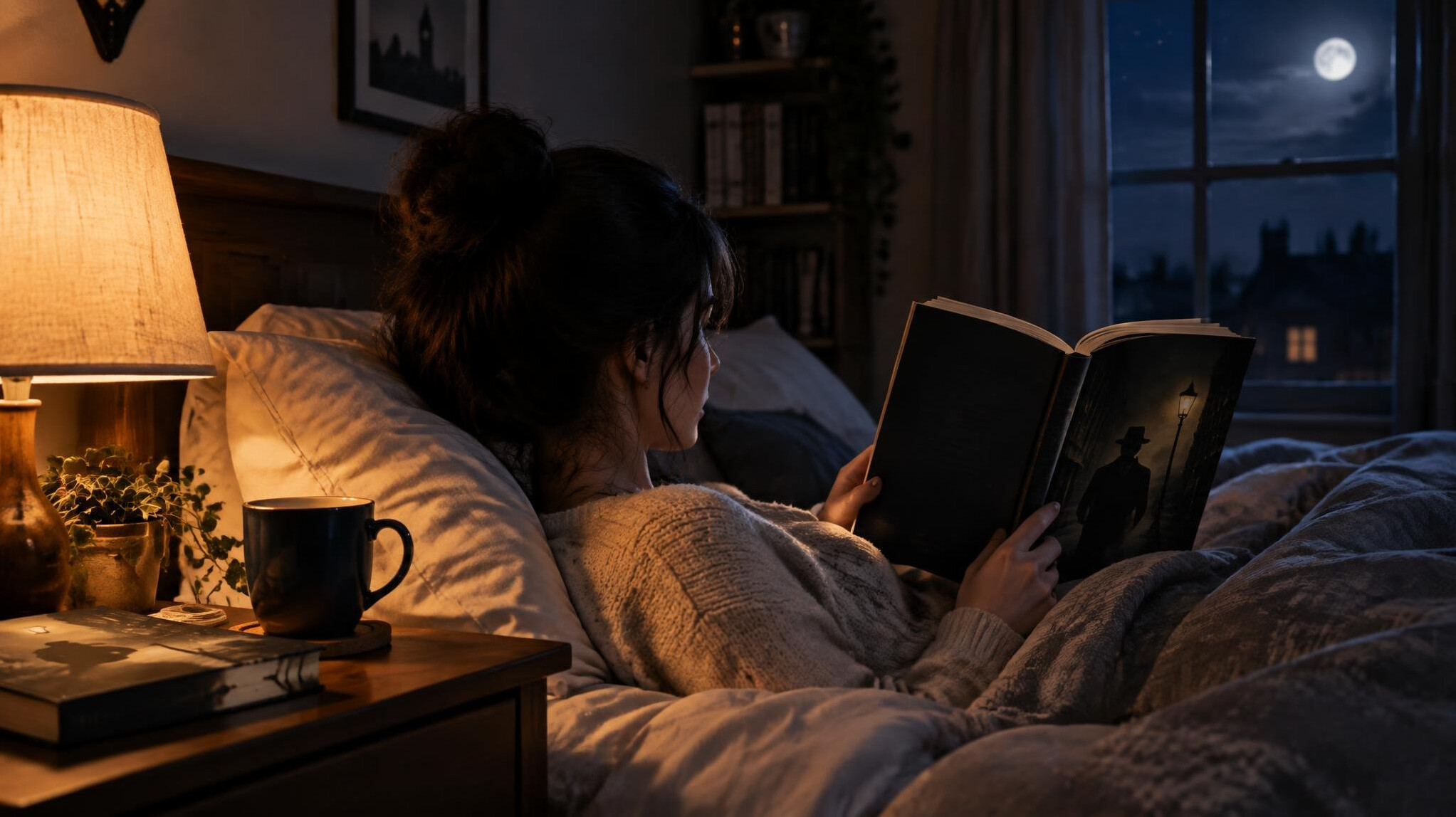person reading mystery book at night