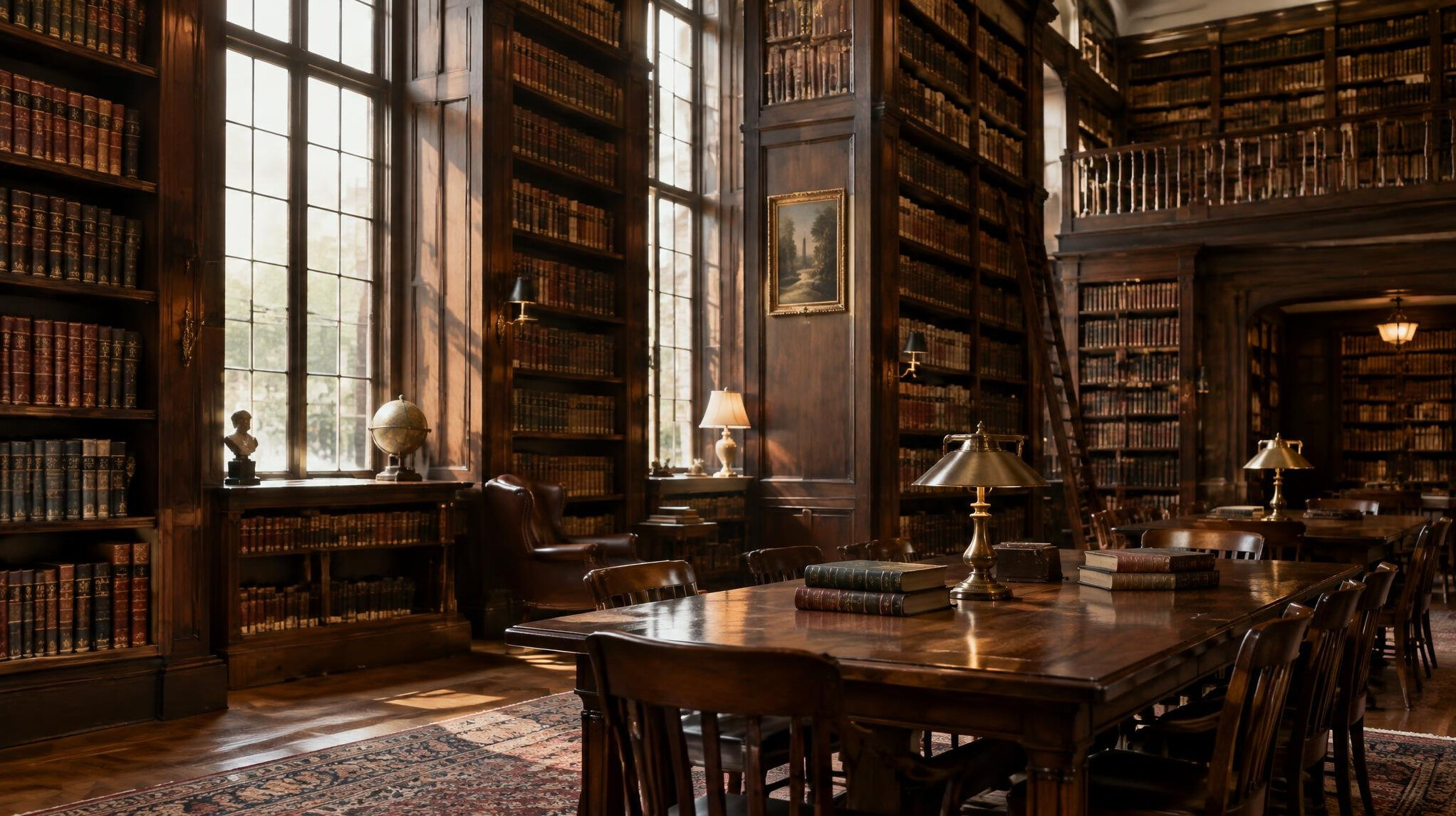 Quiet old library with tall wooden shelves full of books